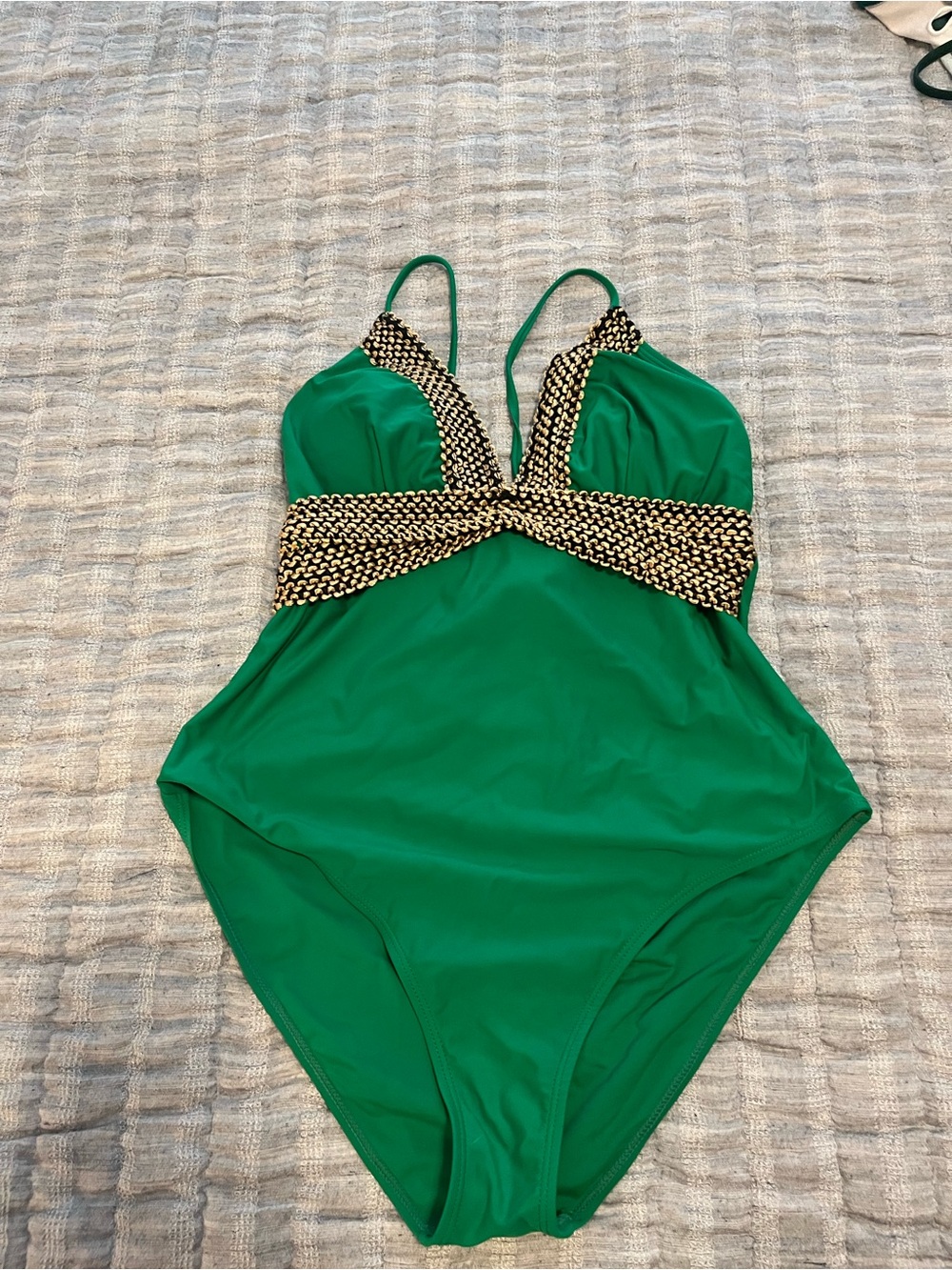 Green One-Piece Swimsuit with Gold Black Trim~ Excellent Condition